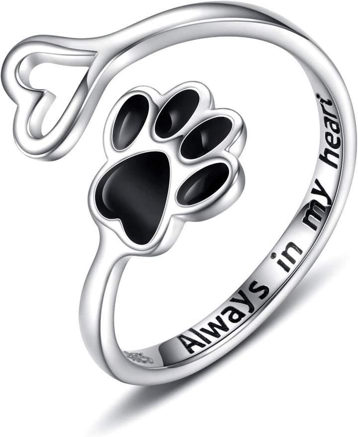 Handcrafted Paw Print Heart Sterling Silver Adjustable Ring