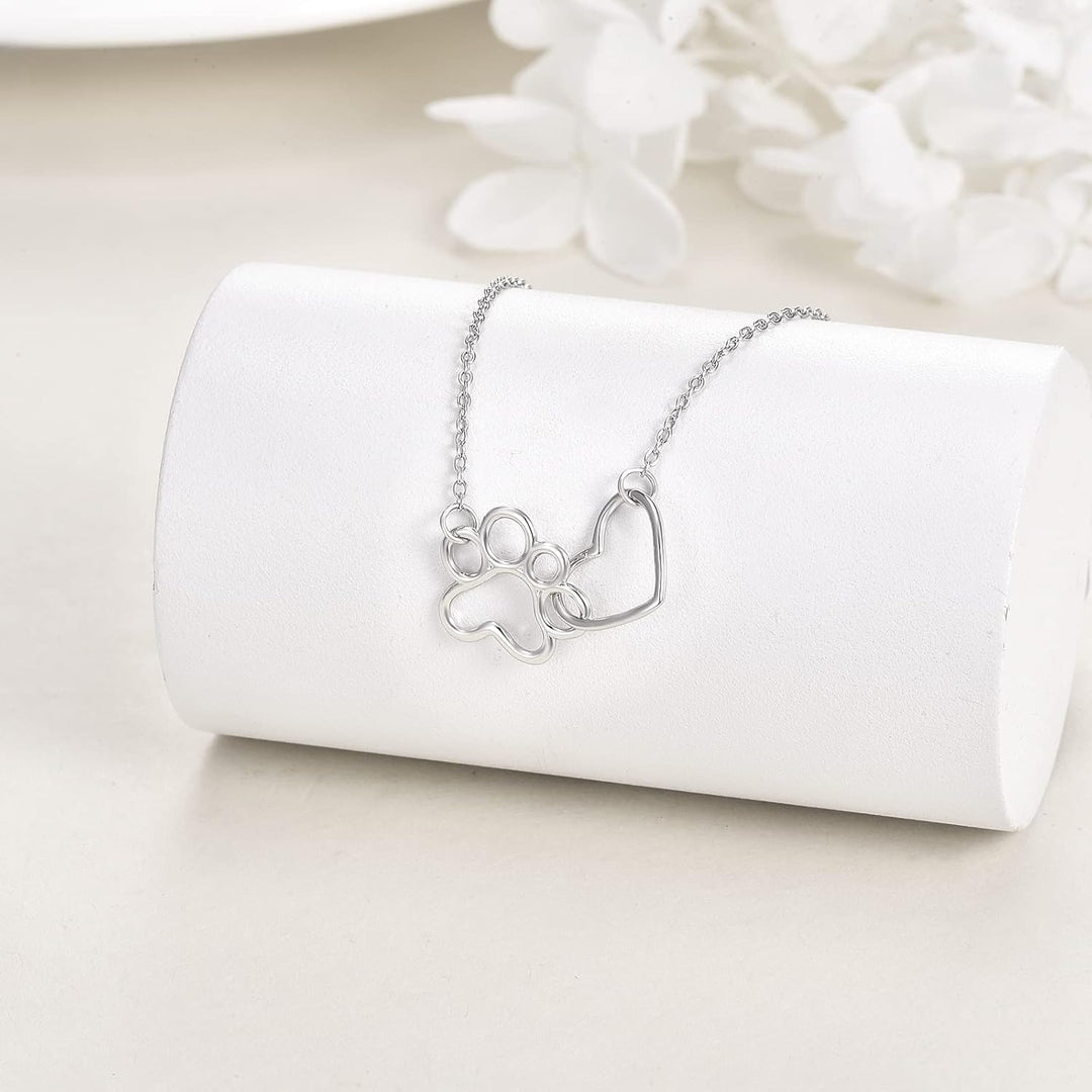 Paw Print Necklace in Sterling Silver – Heart Crystal Pendant with Dog Paw