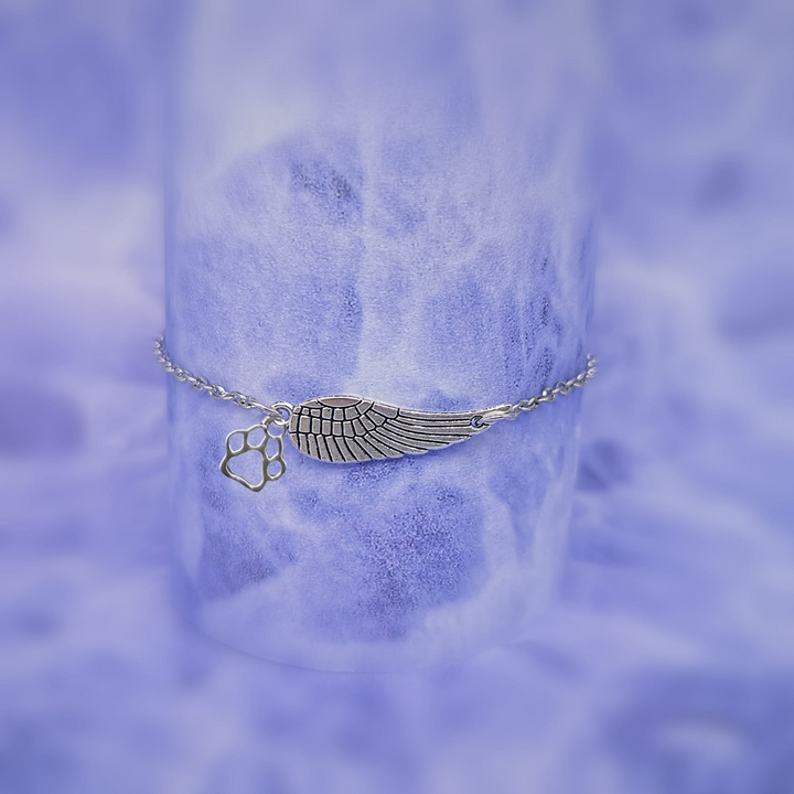 Silver Memorial Bracelet with Angel Wings & Paw Print | Handmade
