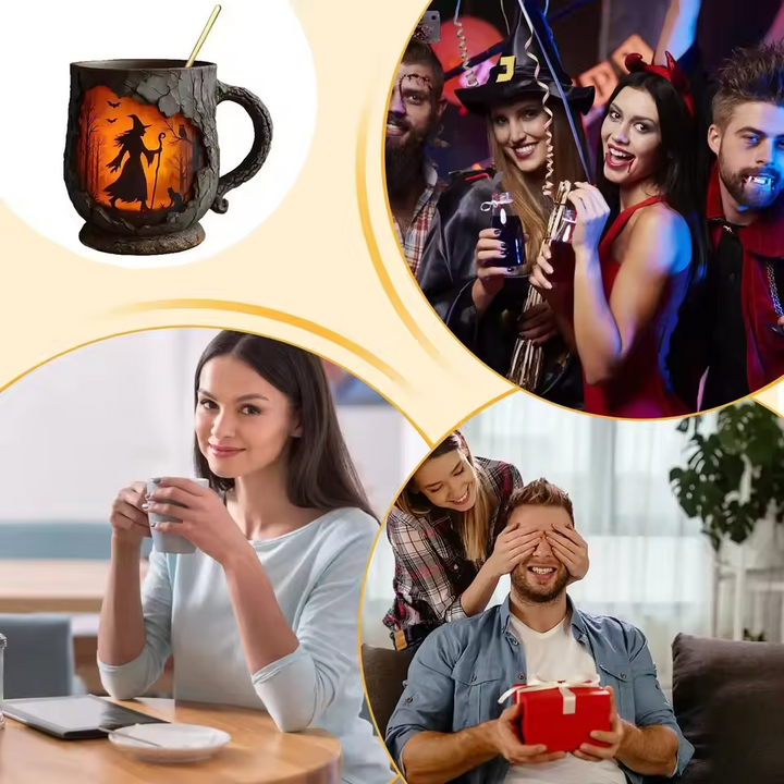 Handmade 3D Halloween Mug – Witch & Cat Design