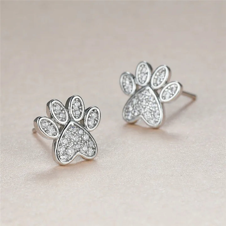 Heart-Shaped Cat Paw Stud Earrings with White Zircon