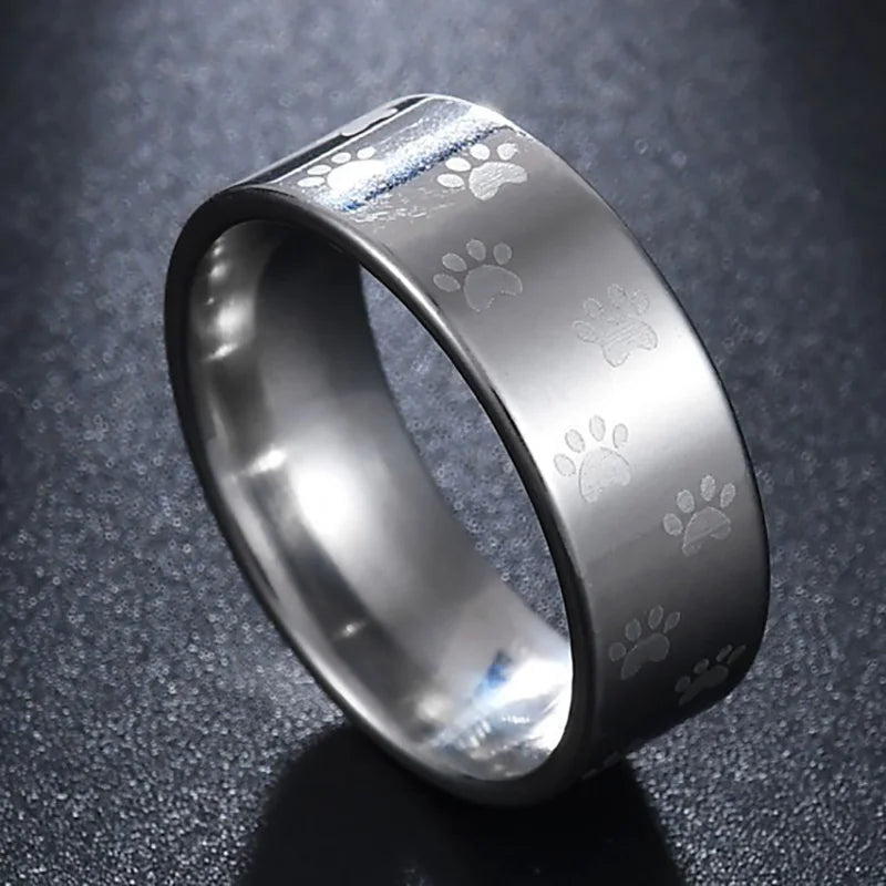 Handcrafted Rainbow Stainless Steel Ring with Paw Print