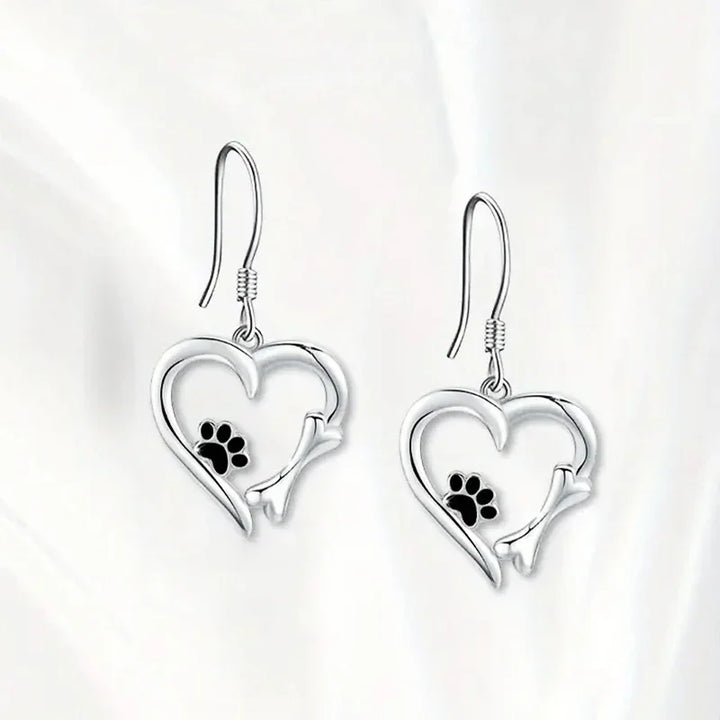 Heart-Shaped Dangle Earrings with Paw Print – Playful Silver Jewelry