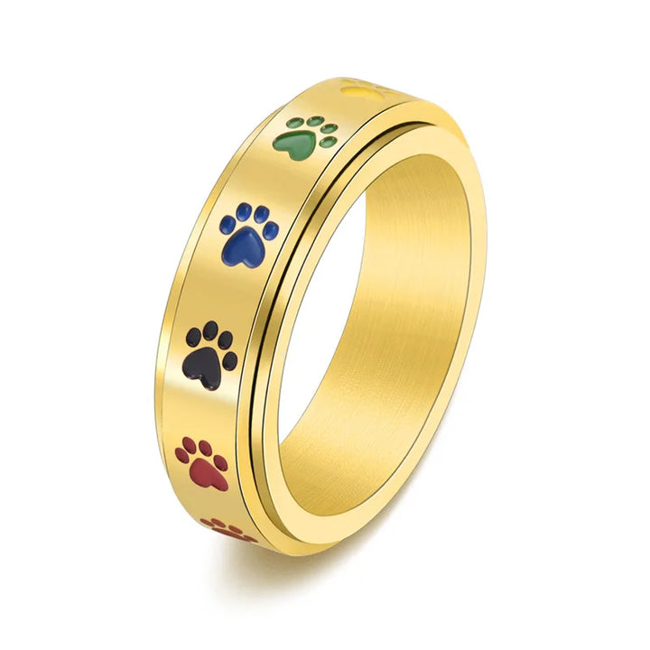 Rotatable Anti-Stress Ring with Paws – Stainless Steel Ring with Rainbow Colors